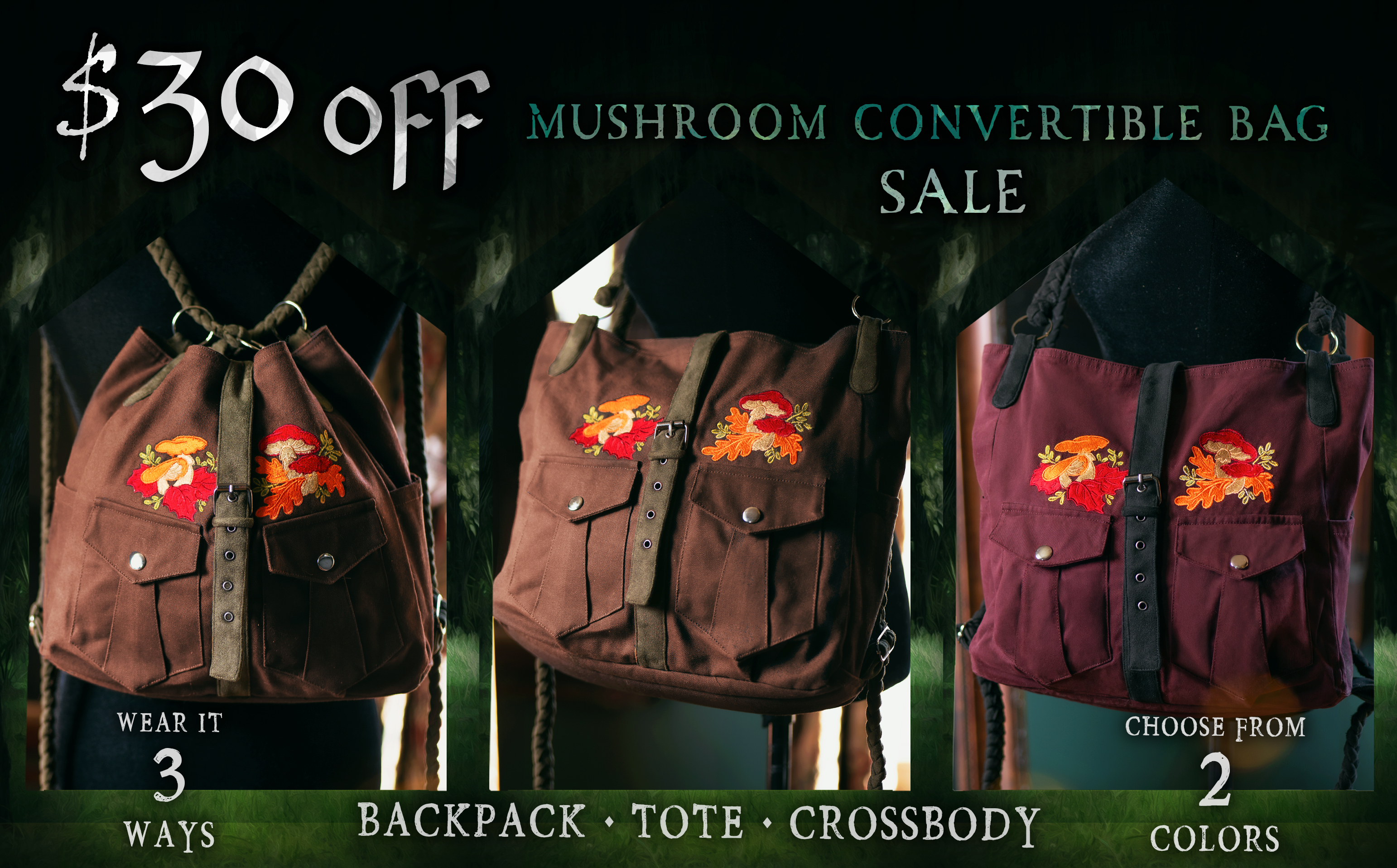 $30 Off Mushroom Convertible Bag Sale - Wear It 3 Ways: Backpack, Tote, Crossbody - Choose from 2 Colors