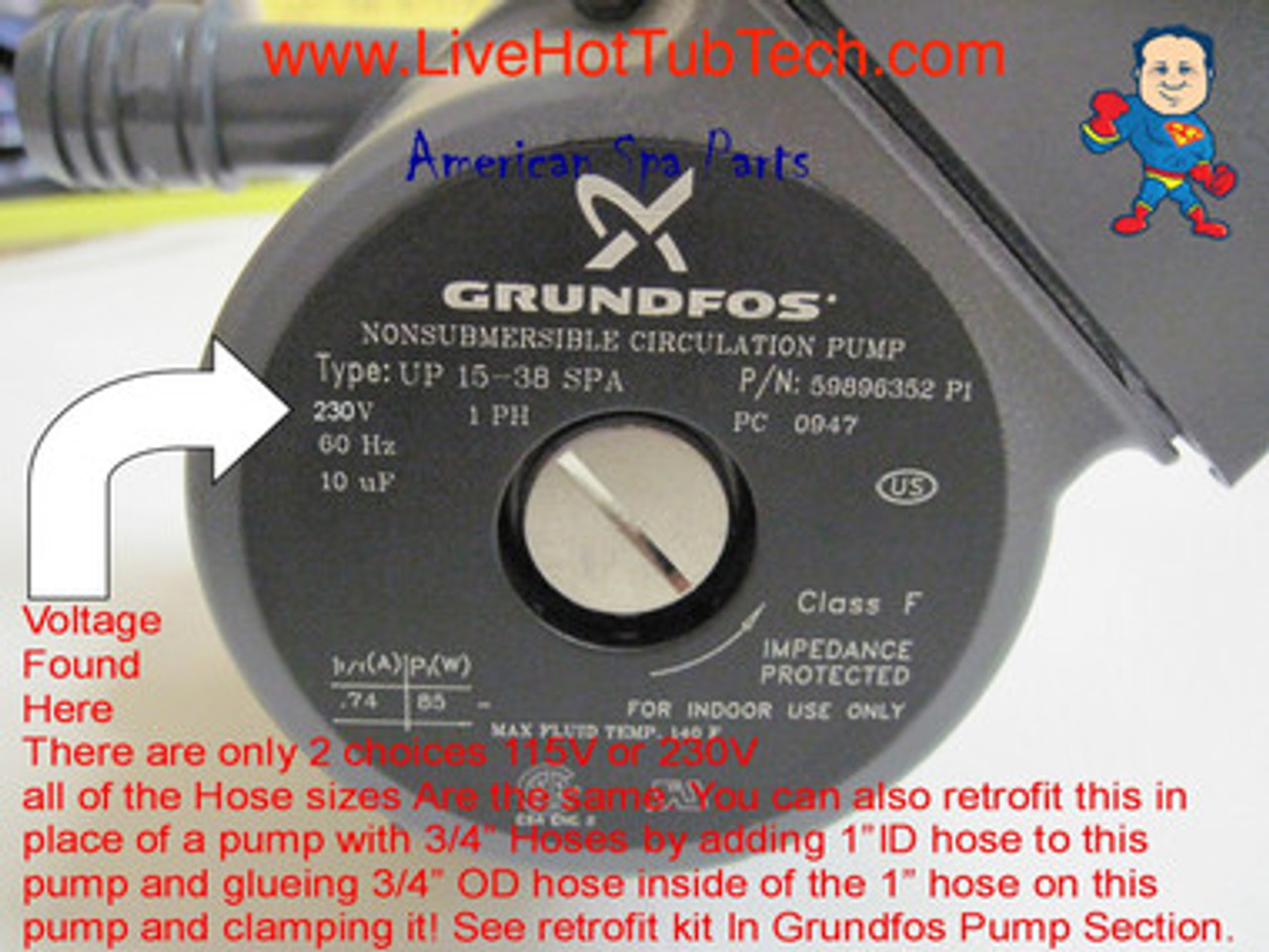 This shows where to find your voltage on your Grundfos Circulation Pump.
