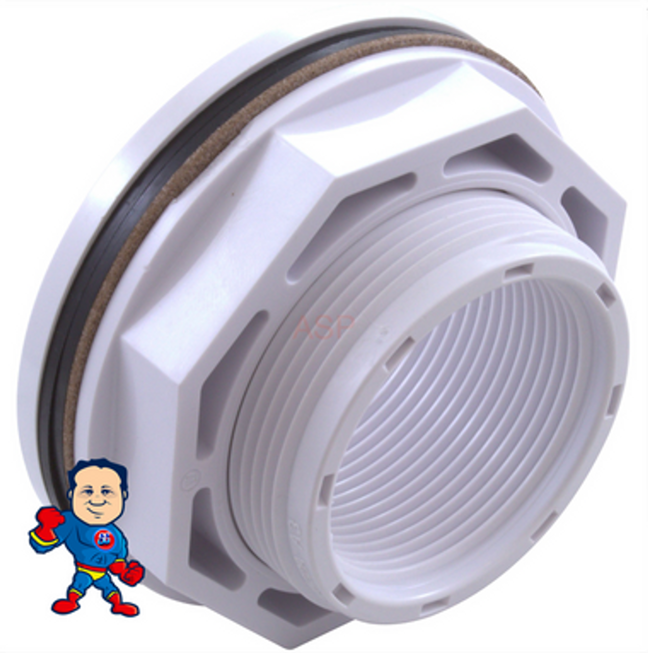 Inlet Fitting, 2-3/8" Hole Size, 1-1/2"fpt x 1-1/2"fpt, w/Gasket, Nut, Swimming Pool Wall Fitting