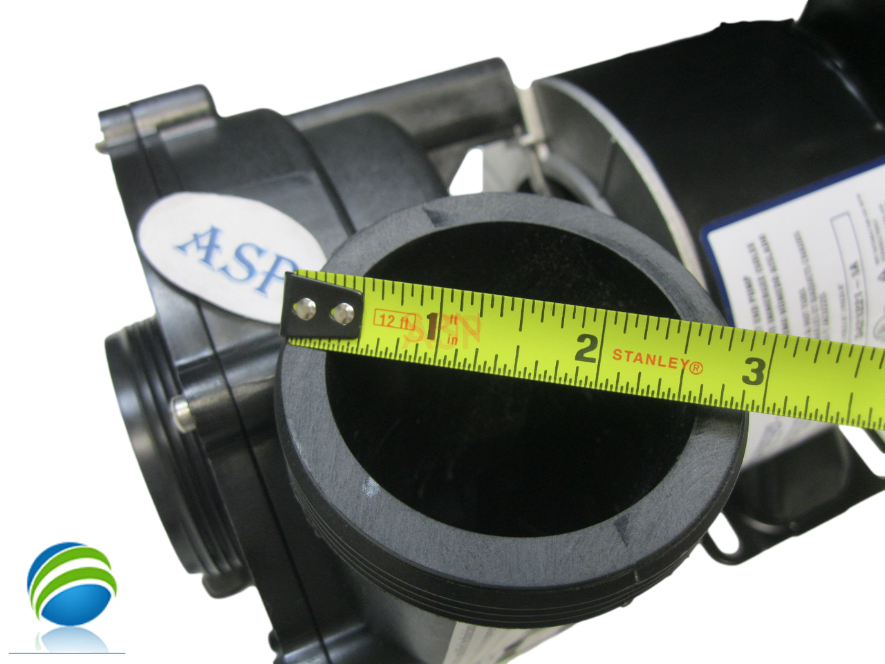 The inlet and outlet measures about 3" across the threads. 
Complete Pump, Aqua-Flo, XP2, 1.5HP, 230v, 48 frame, 2"x 2", 1 or 2 Speed