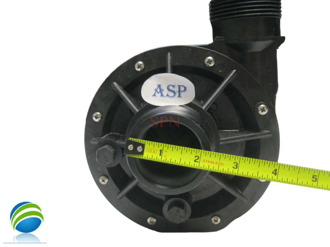 The inlet and outlet measure about 2 5/16" across the threads..
Complete Pump, Aqua-Flo, FMHP, 1.0HP, 230v, 2-spd,48fr,1-1/2".1 or 2 Speed 6.8A