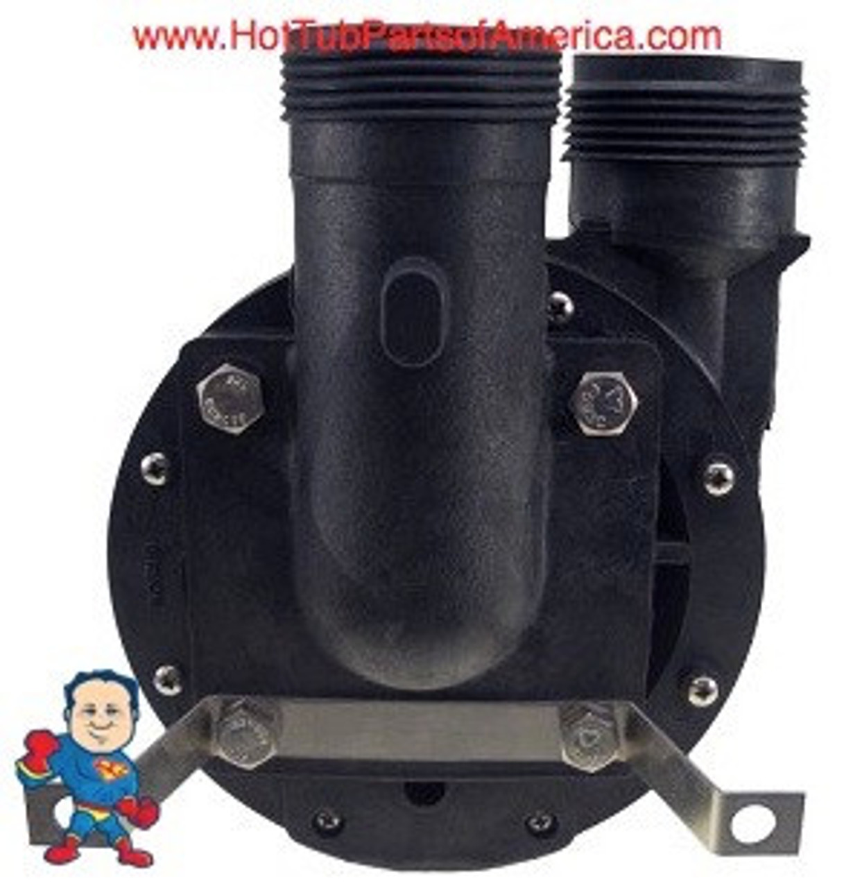Wet End, Aqua-Flo, FMVP, 1.0HP, 1-1/2", 48 frame, 10-11A/115v Verticle Mount Pump 
The Suction and Pressure sides both Measure about 2-3/8" Across the threads and is called 1 ½”!
Also the suction side of this wet end can be used in any position you simply unscrew the four bolts in the front and turn it and tighten the bolts back in and you are done... Note: This is not a Circulation pump wet end it is only for Jet pumps with 10.0Amps or more on high speed at 115V...