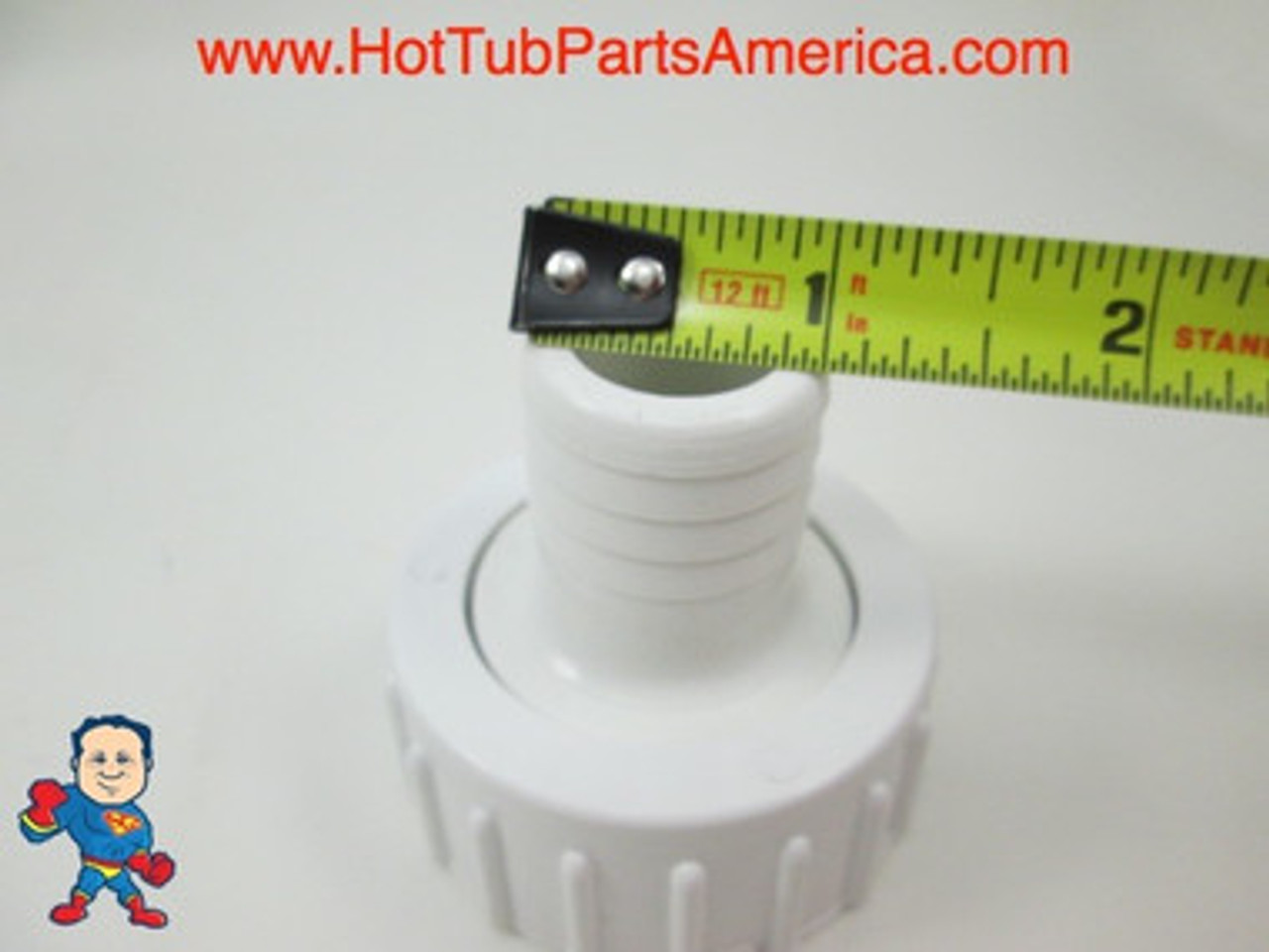 This Barb measures 1" Outside Diameter and accepts a hose that measures 1" I.D. and 1 1/4" O.D. 
1" X 1" Barb Pump Union O-Ring Use with Tiny Might and other Pumps