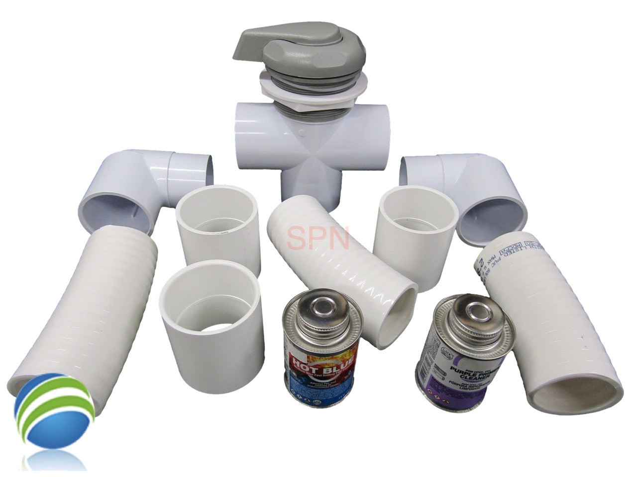 This Diverter Kit Includes the Diverter Valve, (3) 2" Couplers, (3) 6" Pieces of 2" Flex Pipe and (2) 2" Street Slip Ells and Includes 4oz of  Hot Blue Glue and 4oz of Purple Primer. These are the components need to completely change this style of Diverter valve.. Note: There are some valves that have 1 1/2" pipe on one or more of the outlet sides in these cases you would need to purchase some 2" to 1 1/2" Bushings to convert down to 1 1/2"..