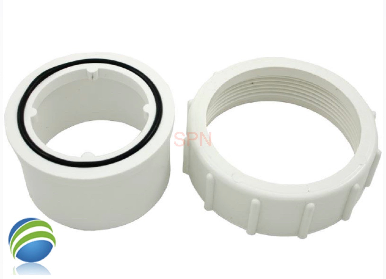 Hot Tub Spa 2 1/2"Threaded X 2" Slip Pump Union for Viper Xp3 Some Executive
This part screws onto a Pump Wet End threads that measures about 3 /58" across the threads and a 2" pipe glues into the slip side and measures about 2 5/8" on the outside Diameter..