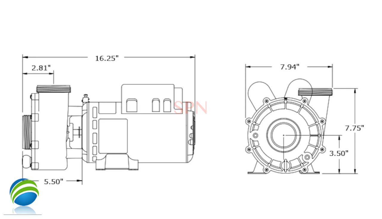 Hot Spring, Watkins, Pump, Vendor Code 4081, 72196, 73023, 2.5HP, 230v,2-spd, 48frame
The Suction and Pressure side of this pump measures about 3" edge to edge across the threads..