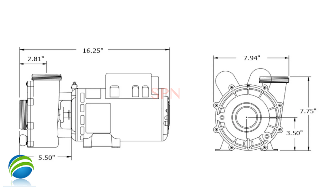 Complete Pump, 37334, Watkins, Vendor Code 4081 or 03338, Solana, Hot Spot, 1.0HP, 115v, 10.5/3.2A, 48 frame, 2"x 2", 1 or 2 Speed
The inlet and outlet measures about 3" across the threads.