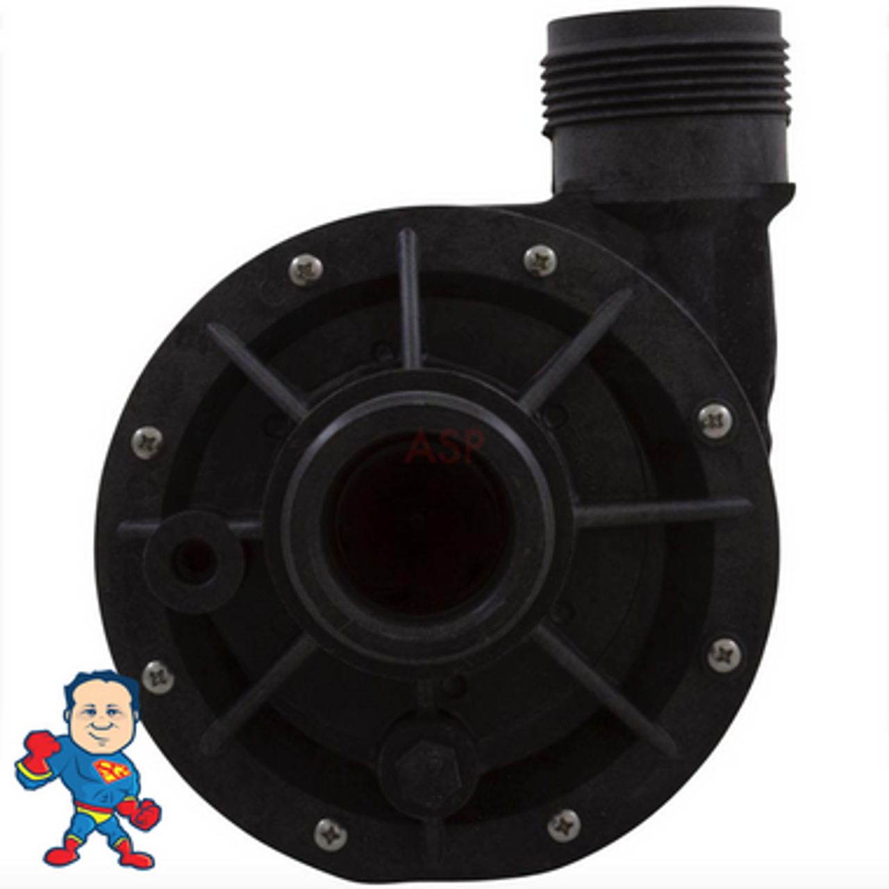 Circ-Master, Pump, Wet End, Aqua-Flo, CMHP, 1/15th , 1-1/2", 48 frame, 0.6A/230V, 1.3A/115v 
The Suction and Pressure sides both Measure about 2-3/8" Across the threads and is called 1 ½”!
