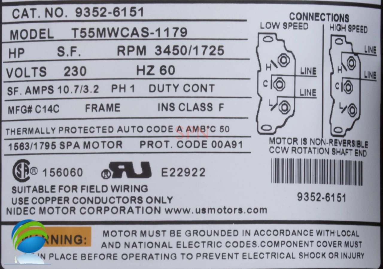 Hot Spring, Watkins, Pump, Vendor Code 4081, 0982601, 2.5HP, 230v,2-spd, 48frame