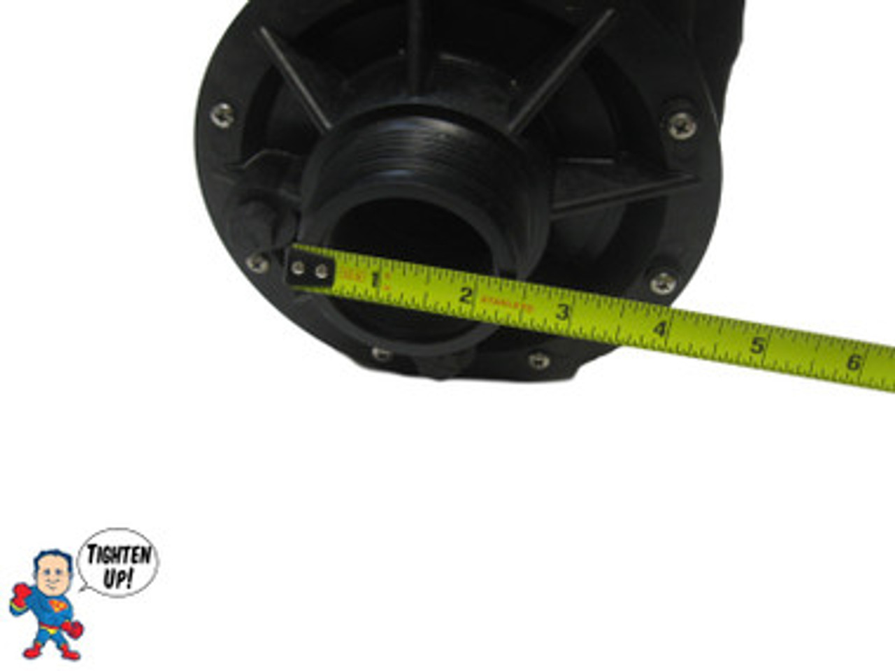 The inlet and outlet measure about 2 5/16" across the threads..
Wavemaster 3000, 39584, 34677, 04184, Complete Pump, 1.0HP, 115v, 48fr, 1-1/2", 1 or 2 Speed