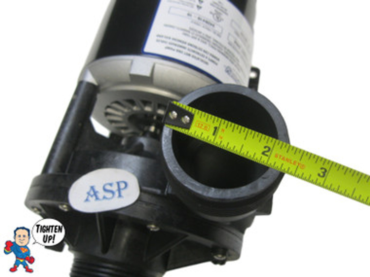 The inlet and outlet measure about 2 5/16" across the threads..
Wavemaster 3000, 39584, 34677, 04184, Complete Pump, 1.0HP, 115v, 48fr, 1-1/2", 1 or 2 Speed