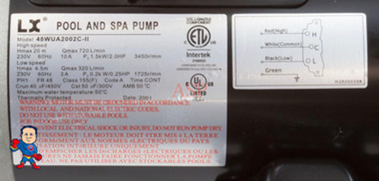 Spa Hot Tub 48Fr Intertek LX Pump 2" X 2" 1.5HP 2 Speed 230V WUA LP