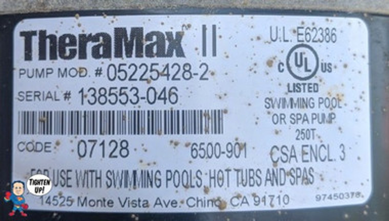 Complete Pump for Sundance, TheraMax II, 6500-901 or 6500-902,  2.5HP, 230v, 56fr, 2"X 2" 1 Speed 11-12A
