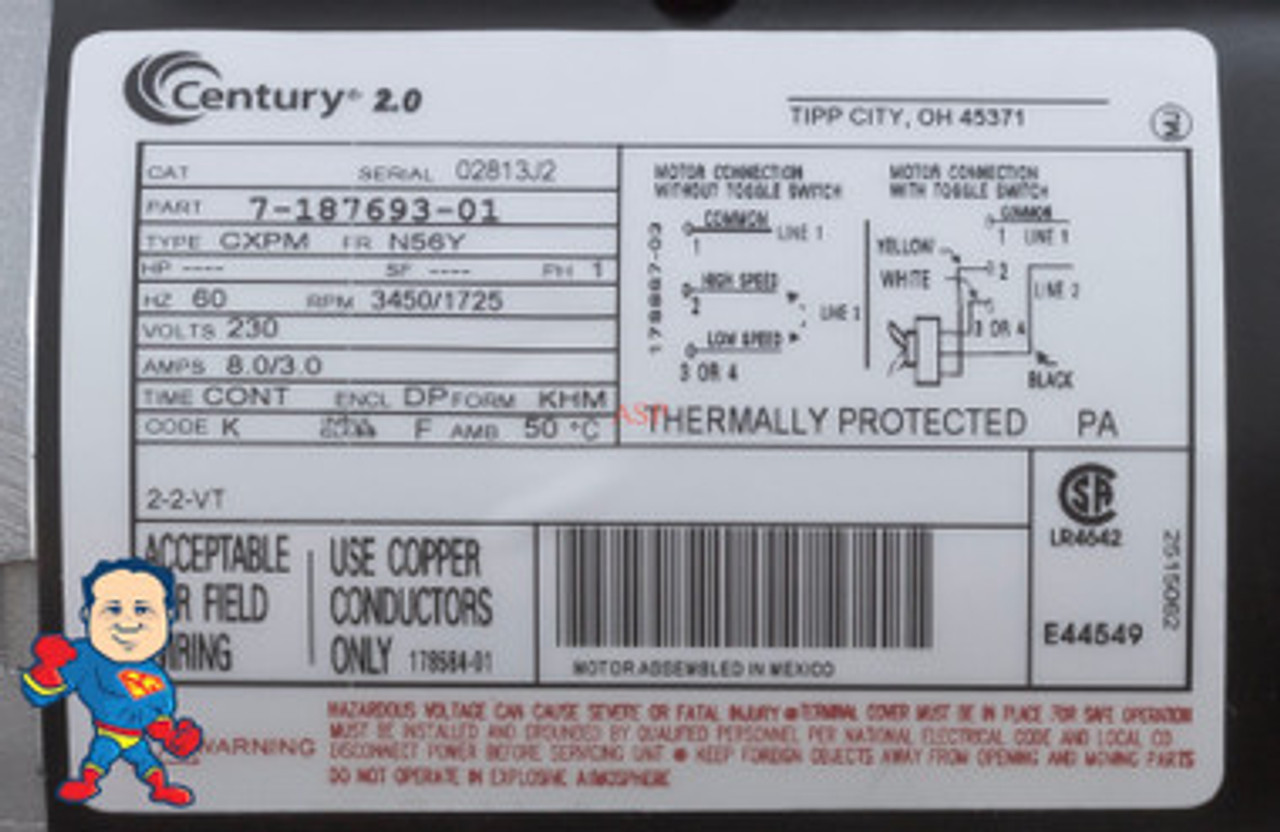 This label shows 8.0 Amps on High Speed which means 1.0 Horse Power not 2.0HP as indicated. Pump, WW Exec, 2.0hp, 230v, 2-spd, 56fr, 2-1/2" x 2", OEM