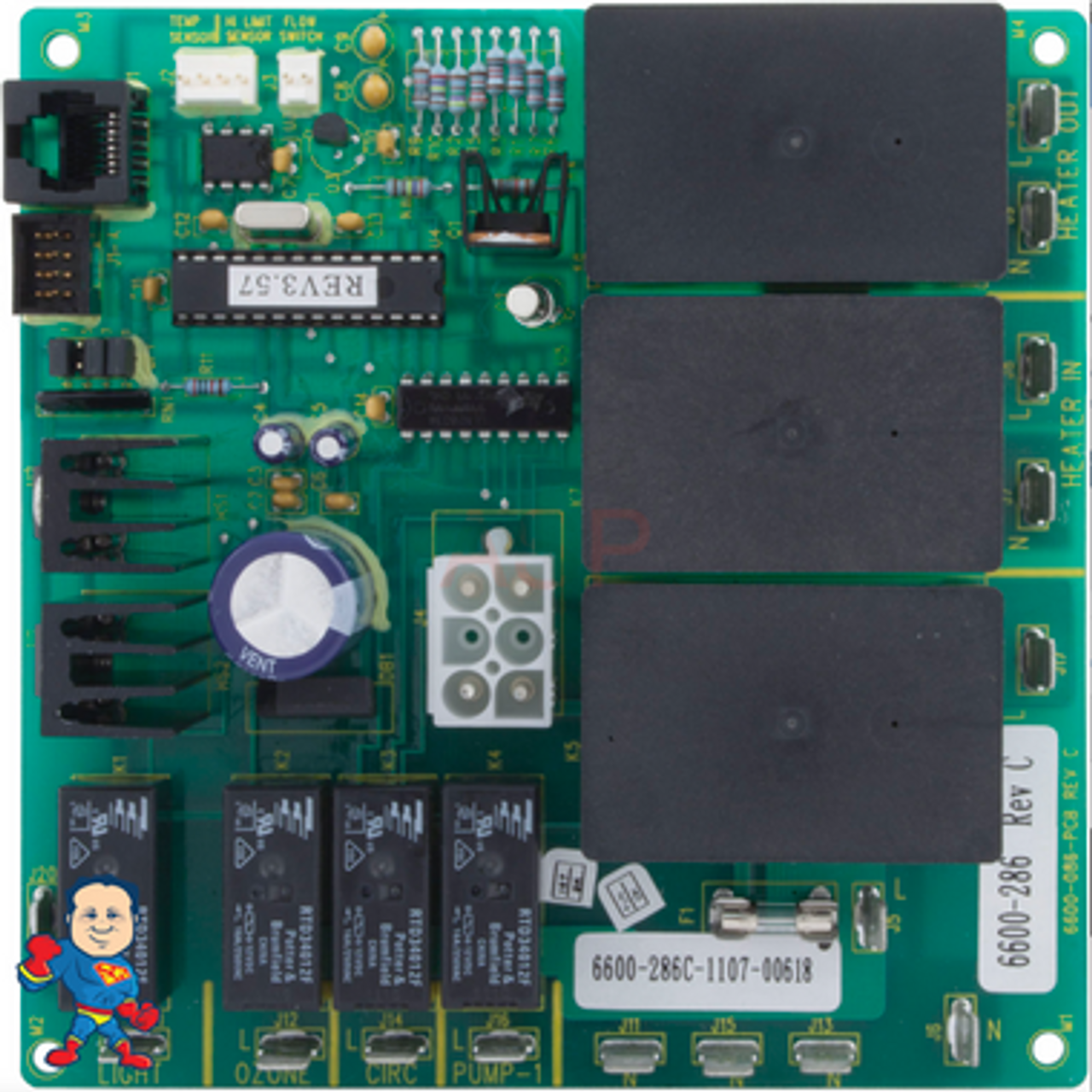 This is what the original board looks like with the single tabs for the heater connections.. The revised board as pinch tabs or spade connectors.. Circuit Board, Sundance/Jacuzzi, LX-10, Rev 3.56+, (1999 +), w/3 Big Relays, 1-Pump, w/Circ Pump