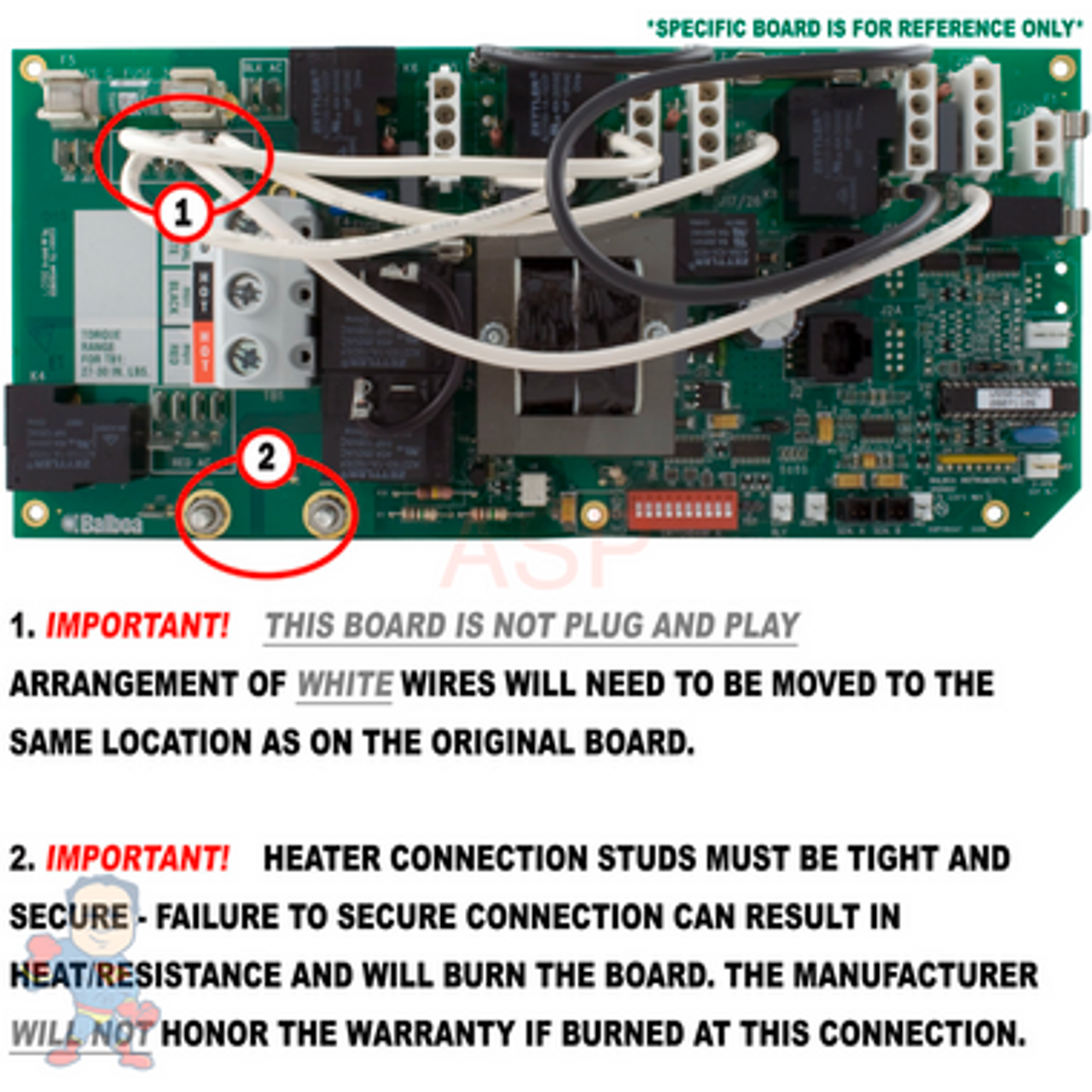 These board do not come wired 230V for pumps so you must make this changes and also make sure you are getting the heater tabs tight as well as the incoming power wires.. Always pull on the incoming wires with a pair of pliers after tightening to be sure they are tight..