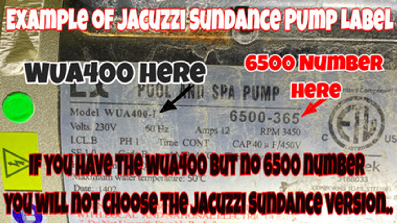 Note: You will have the WUA400-I or WUA400-II style part numbers along with 6500-352, 6500-365, 6500-367 or 6500-363 on the pump but if it is a Jacuzzi or Sundance Intertek Pump most likely this is the correct Wet End.. 
NOTE: IF YOUR PUMP HAS WUA400-I or WUA400-II and does not have a 6500 number this Wet End is NOT CORRECT.. Search our store for WUA400 and you will see the other style kit.. The spring part of the seal is on the back of the impeller in the Sundance Jacuzzi type and the spring is on the volute is the normal style..