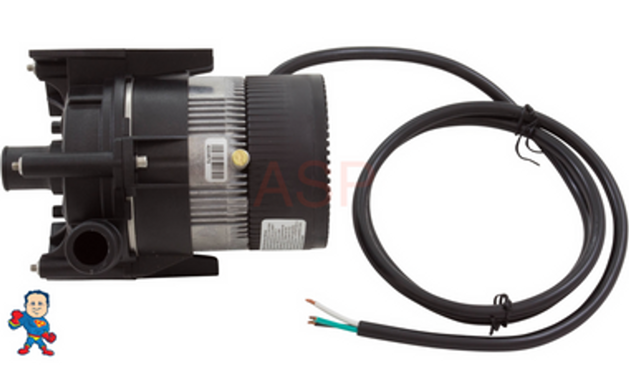 Pump, Circulation, Laing E-10, 230v, 3/4" Barb, Jacuzzi or Sundance
This is a 3 wire system on the pump Black/Hot, White/Hot and Green/Ground.
