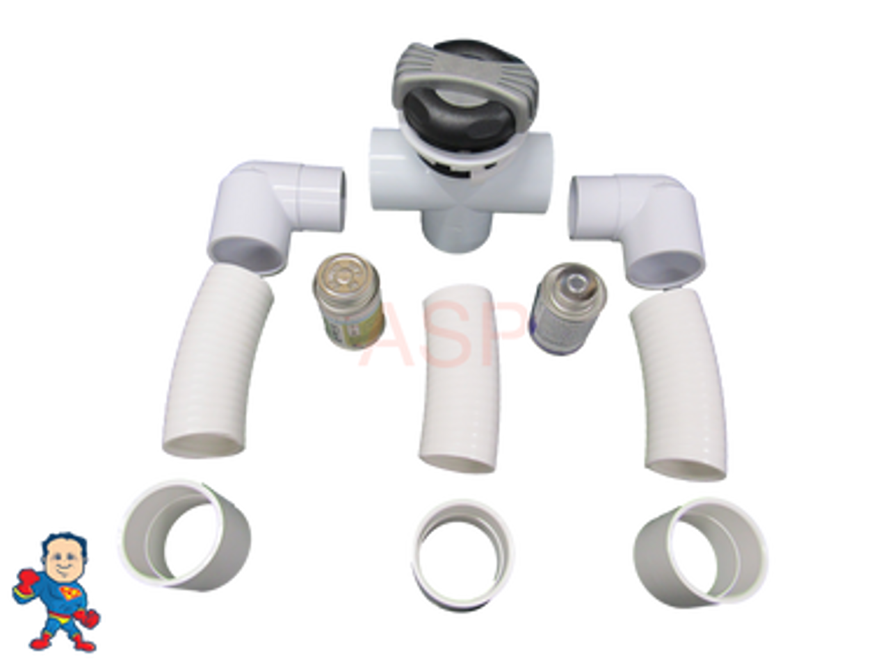 This Diverter Kit Includes the Hoss Modern Diverter Valve, (3) 2" Couplers, (3) 6" Pieces of 2" Flex Pipe and (2) 2" Street Slip Ells and Includes 4oz of Blue Glue and 4oz of Purple Primer. These are the components need to completely change this style of Diverter valve.. Note: There are some valves that have 1 1/2" pipe on one or more of the outlet sides in these cases you would need to purchase some 2" to 1 1/2" Bushings to convert down to 1 1/2"..