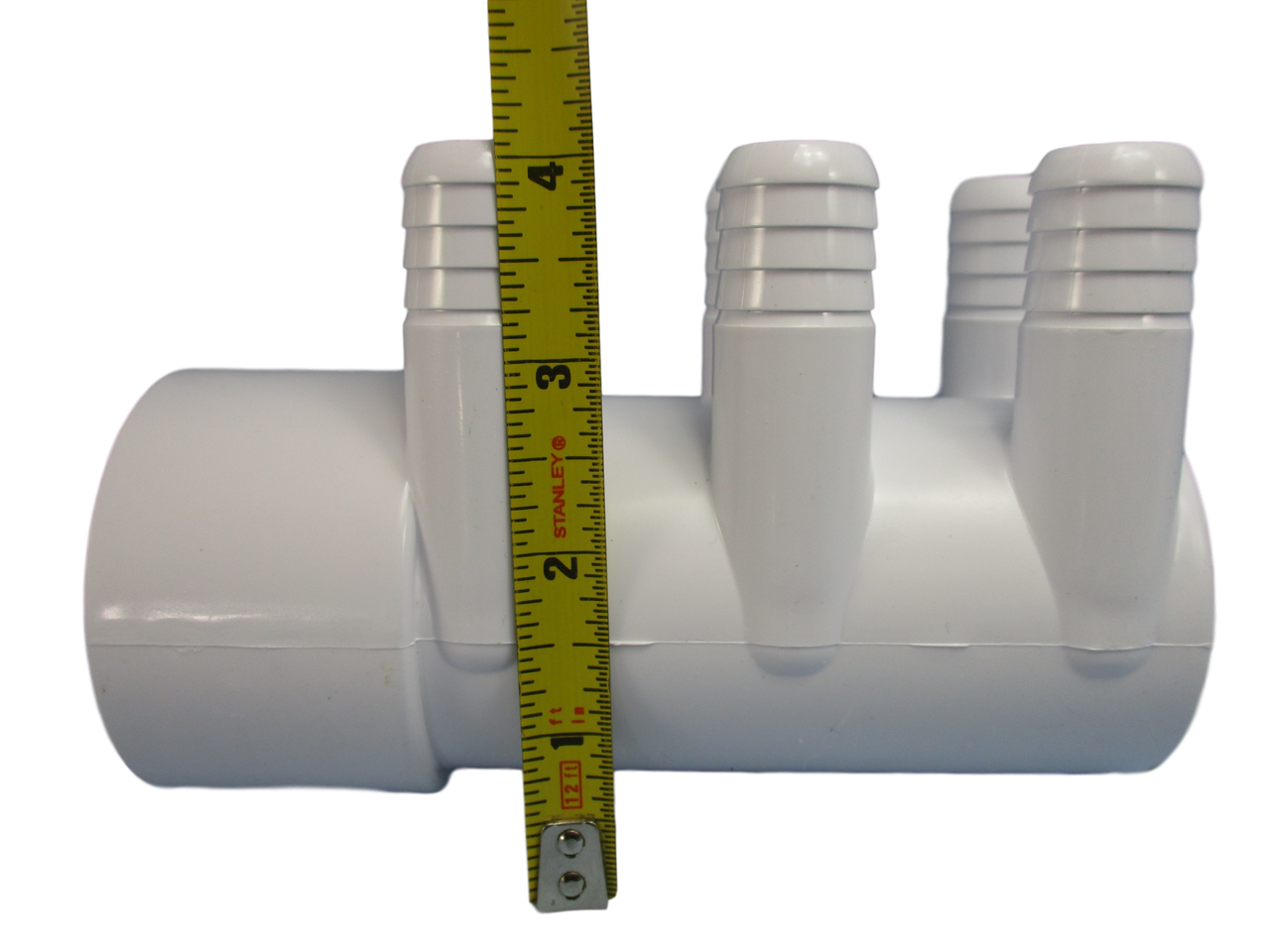 The manifold featured in this kit is Closed on one end the other end receives a 2" Pipe or fitting that would measure 2 3/8" OD..