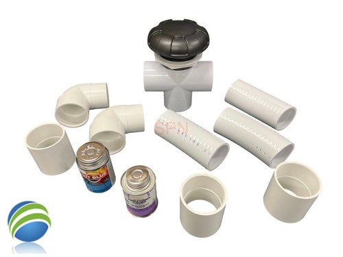 Complete Diverter Valve Glue Kit 3 3/4" 6 Spoke Graphite Gray Hot Tub Spa 2" How To Video
This Diverter Kit Includes the Diverter Valve, (3) 2" Couplers, (3) 6" Pieces of 2" Flex Pipe and (2) 2" Street Slip Ells and Includes 4oz of  Hot Blue Glue and 4oz of Purple Primer. These are the components need to completely change this style of Diverter valve.. Note: There are some valves that have 1 1/2" pipe on one or more of the outlet sides in these cases you would need to purchase some 2" to 1 1/2" Bushings to convert down to 1 1/2"..