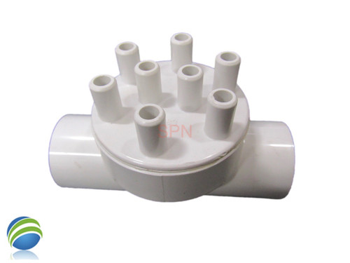 Air Manifold, 1" Slip x 1" Slip, 3/8" Smooth Barb, 8 Port, Flow Thru, Pancake Air Manifold, 1" Slip x 1" Slip, 3/8" Smooth Barb, 8 Port, Flow Thru, Pancake