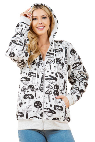 Crystal Mushroom Print Zipper Hoodie