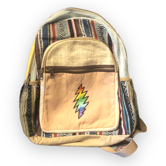 Hemp Cotton Patchwork Regular Backpack w/ Rainbow Bolt