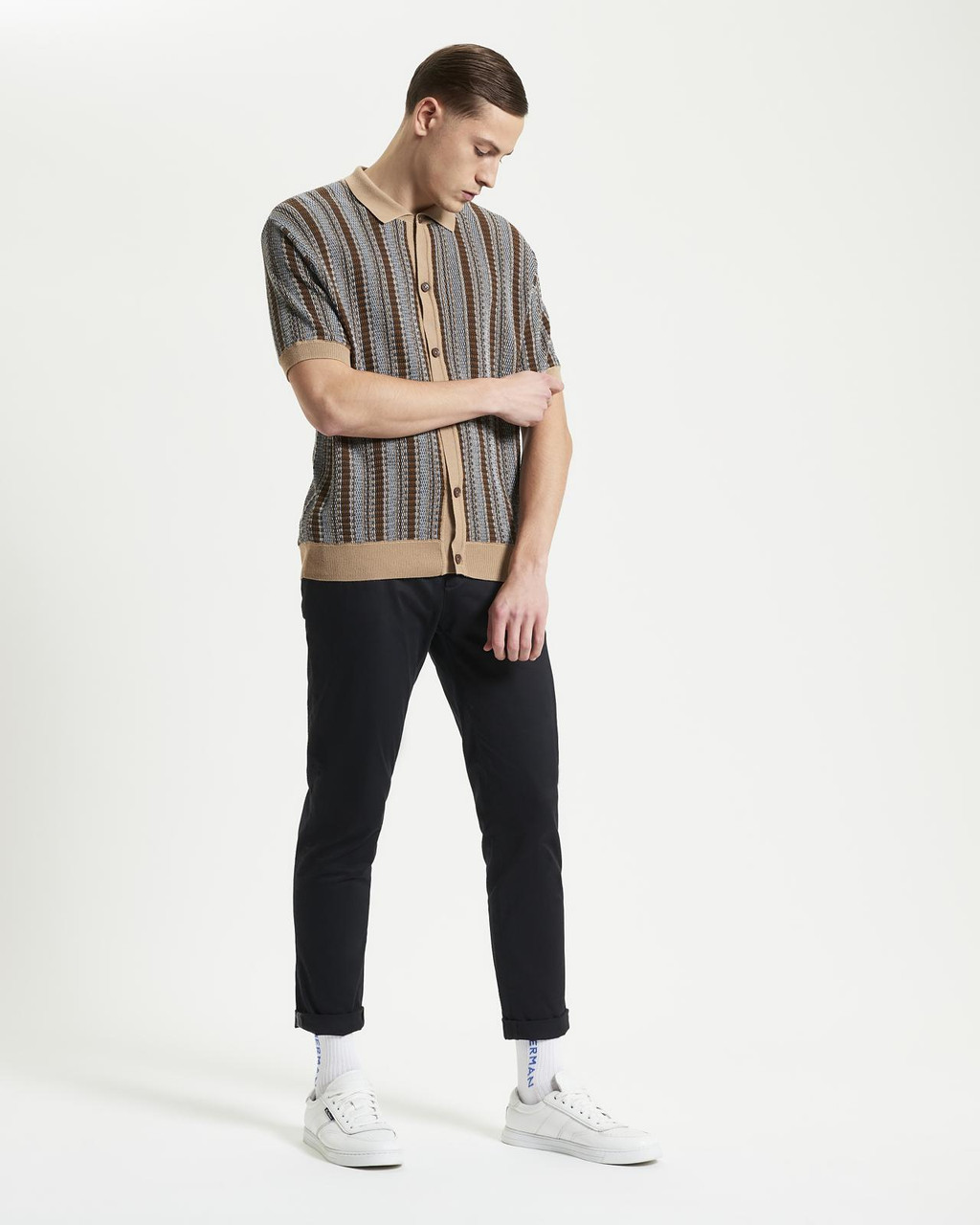 Textured Stripe Knitted Shirt in Dark Navy