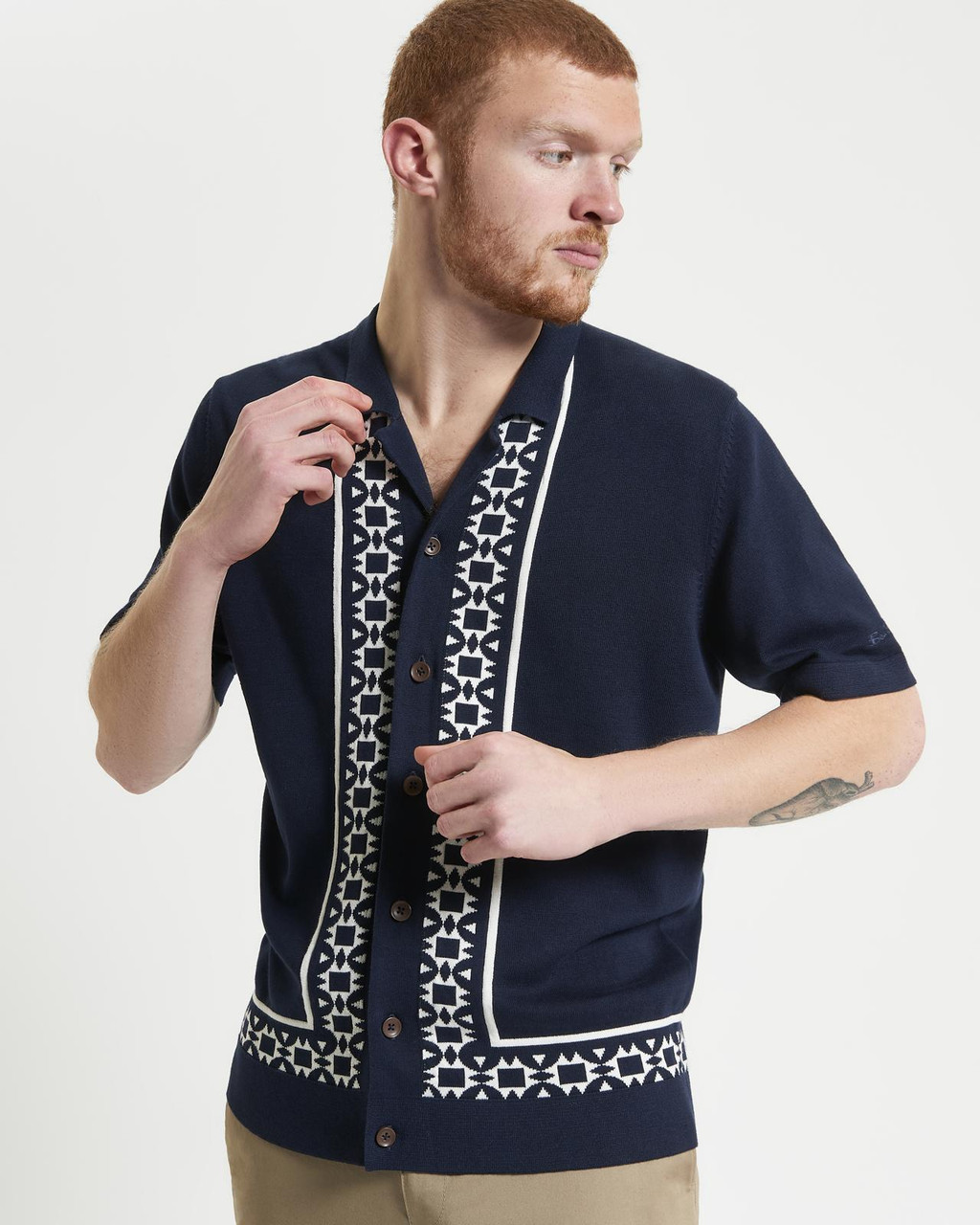 Floral Border Resort Knitted Shirt in Dark Navy