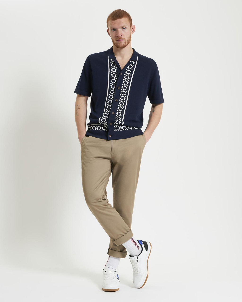 Floral Border Resort Knitted Shirt in Dark Navy