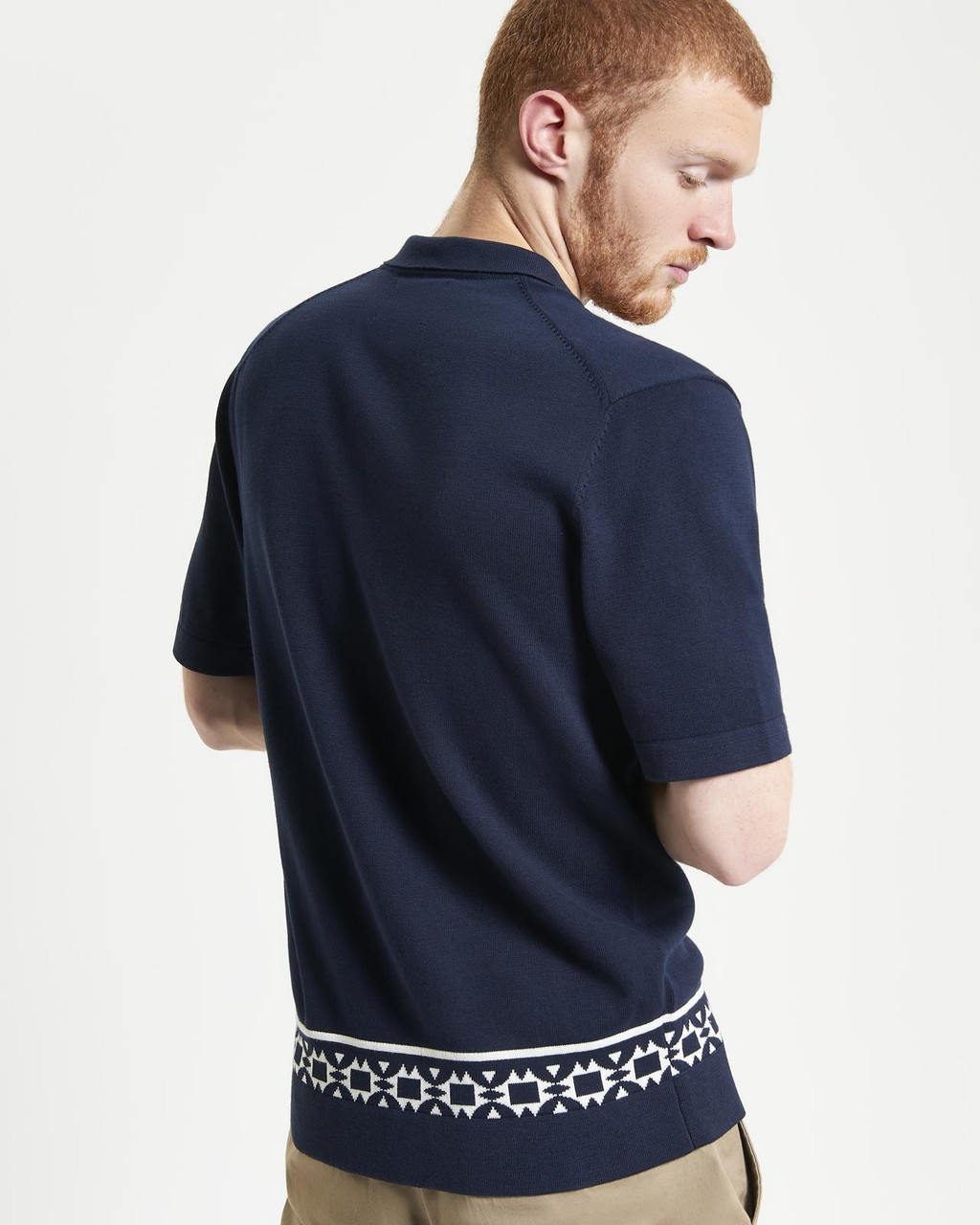 Floral Border Resort Knitted Shirt in Dark Navy