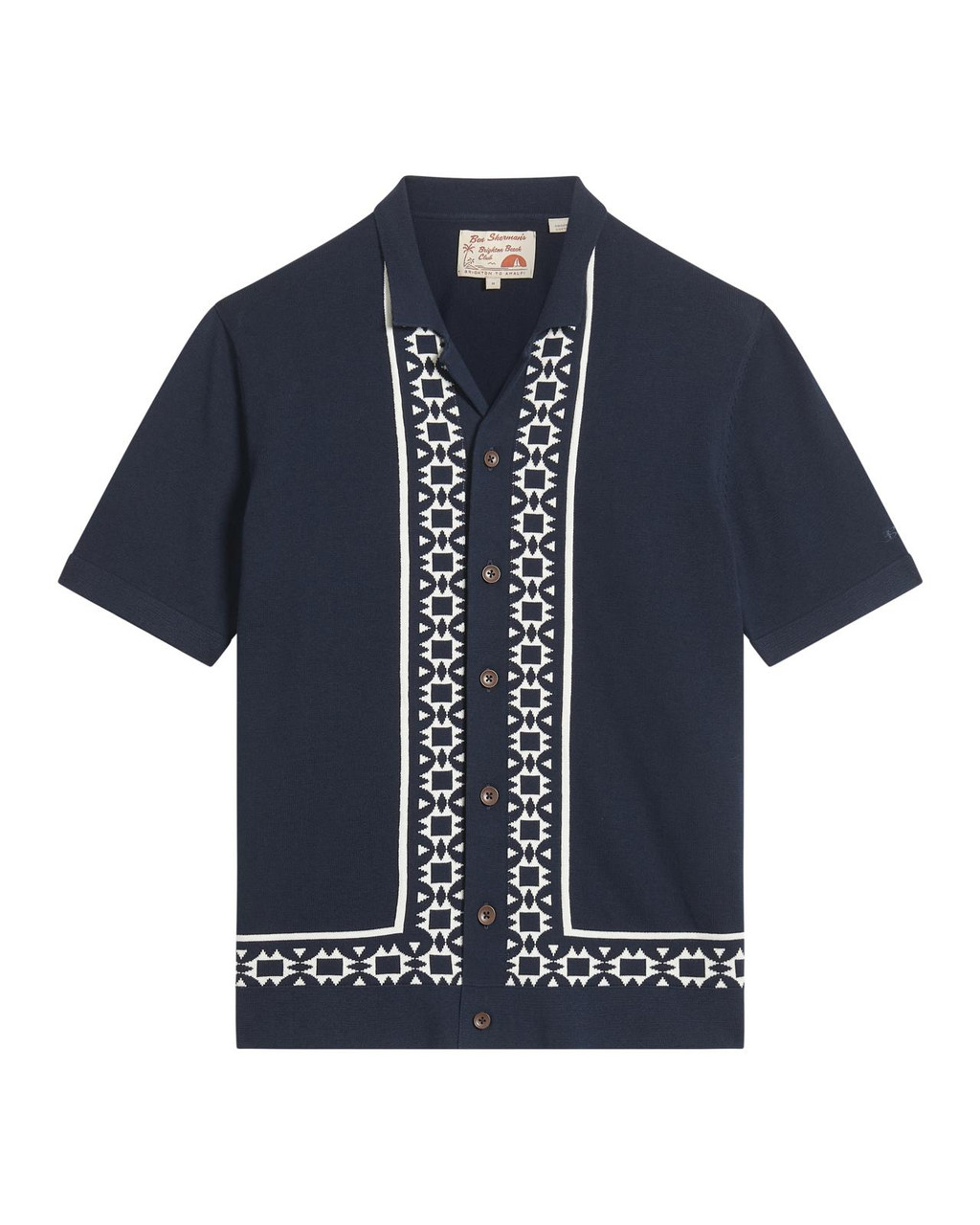 Floral Border Resort Knitted Shirt in Dark Navy
