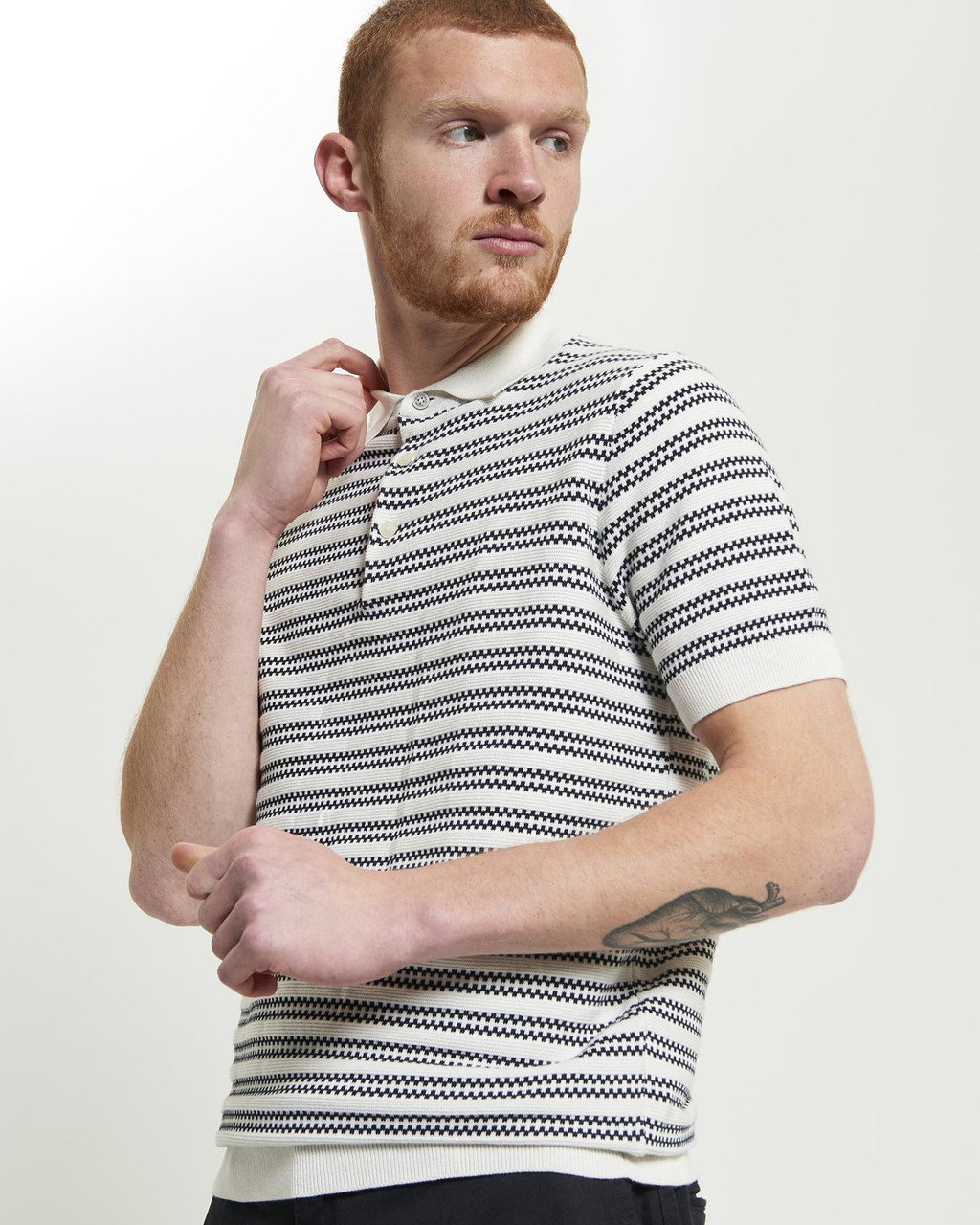 Jacquard Stripe Knitted Polo in Ivory