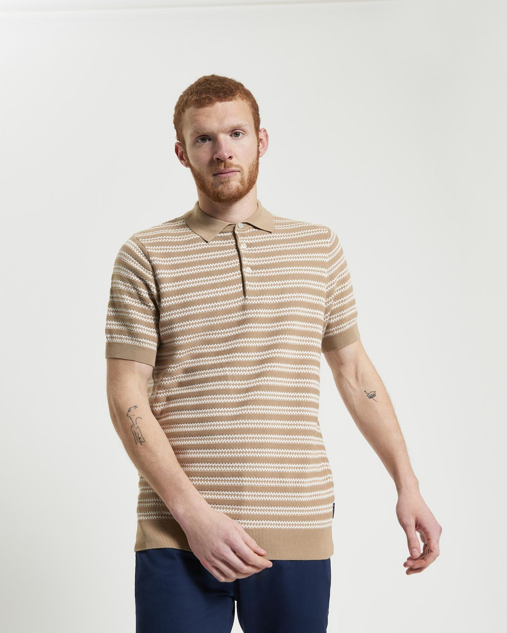 Jacquard Stripe Knitted Polo in Sand