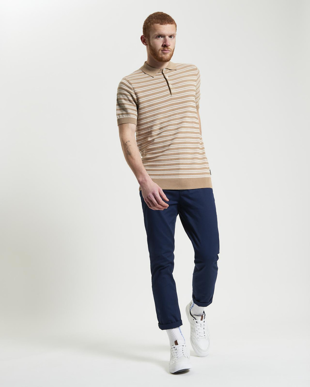 Jacquard Stripe Knitted Polo in Sand