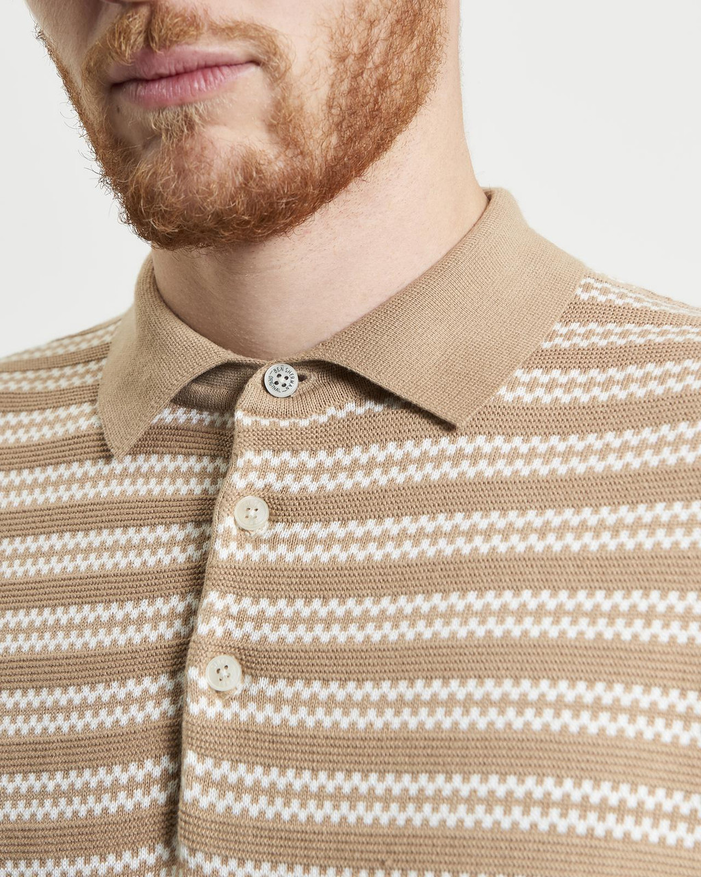 Jacquard Stripe Knitted Polo in Sand