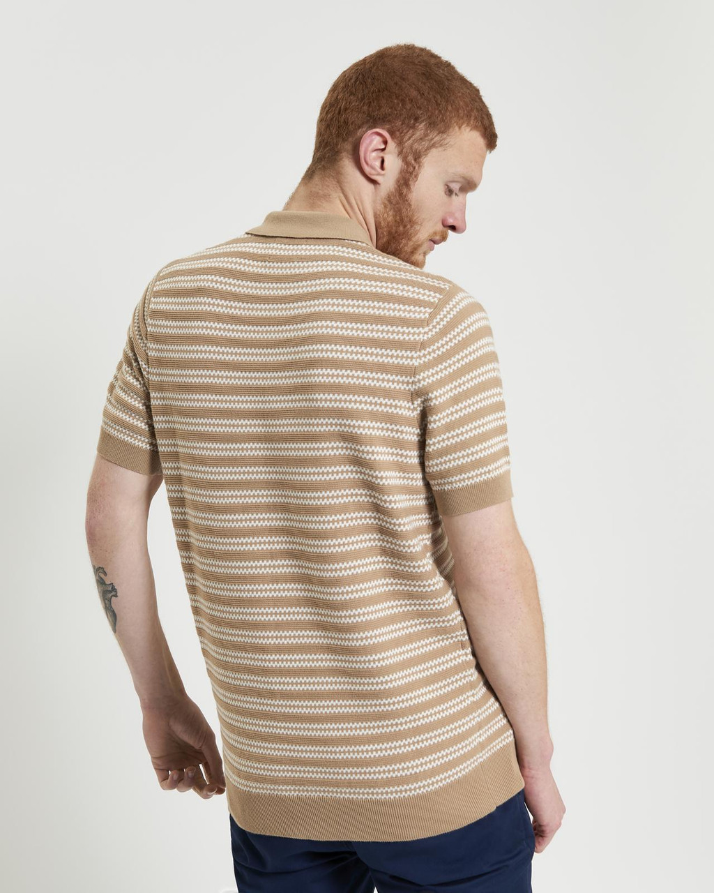 Jacquard Stripe Knitted Polo in Sand