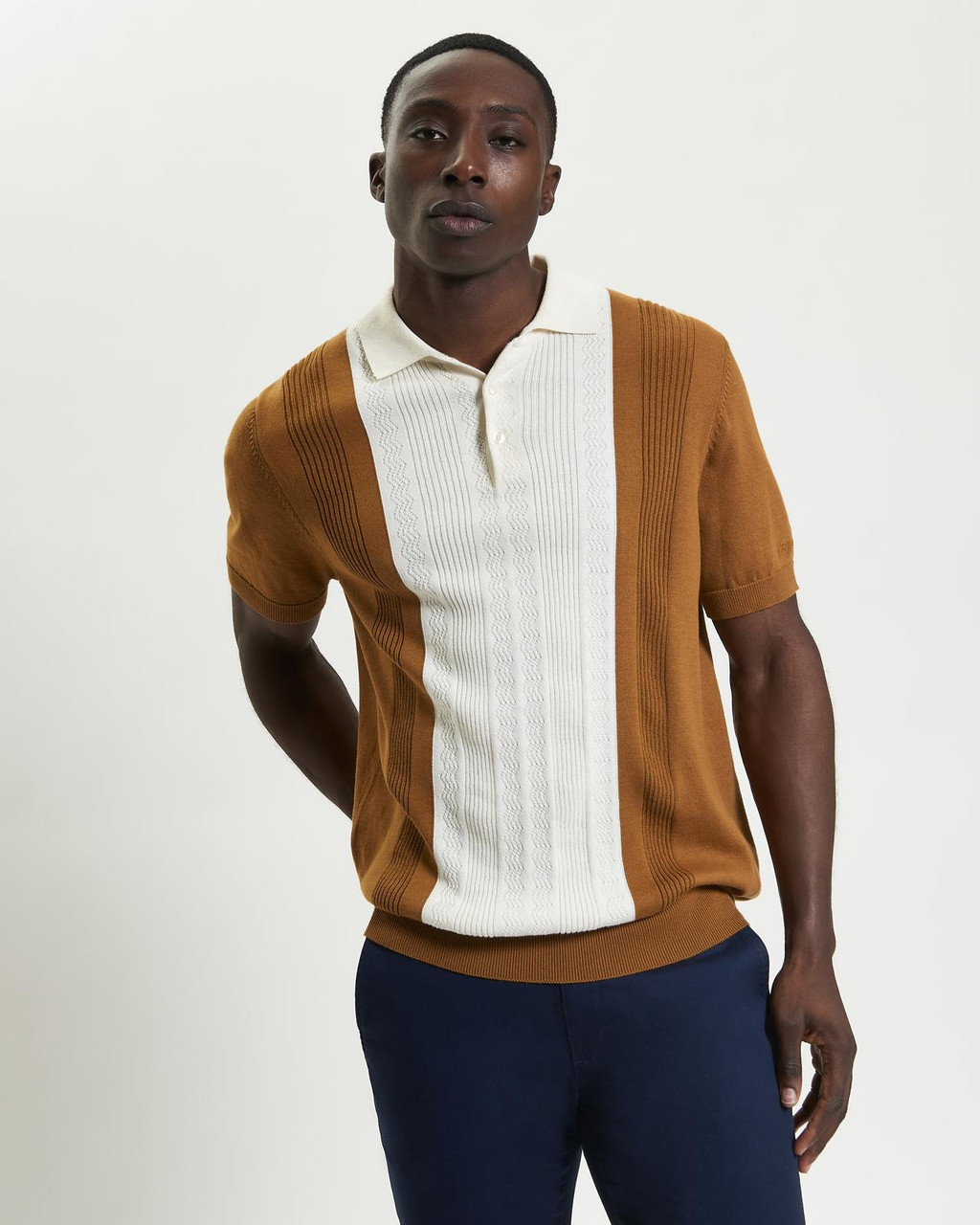 Textured Block Stripe Knitted Polo in Caramel