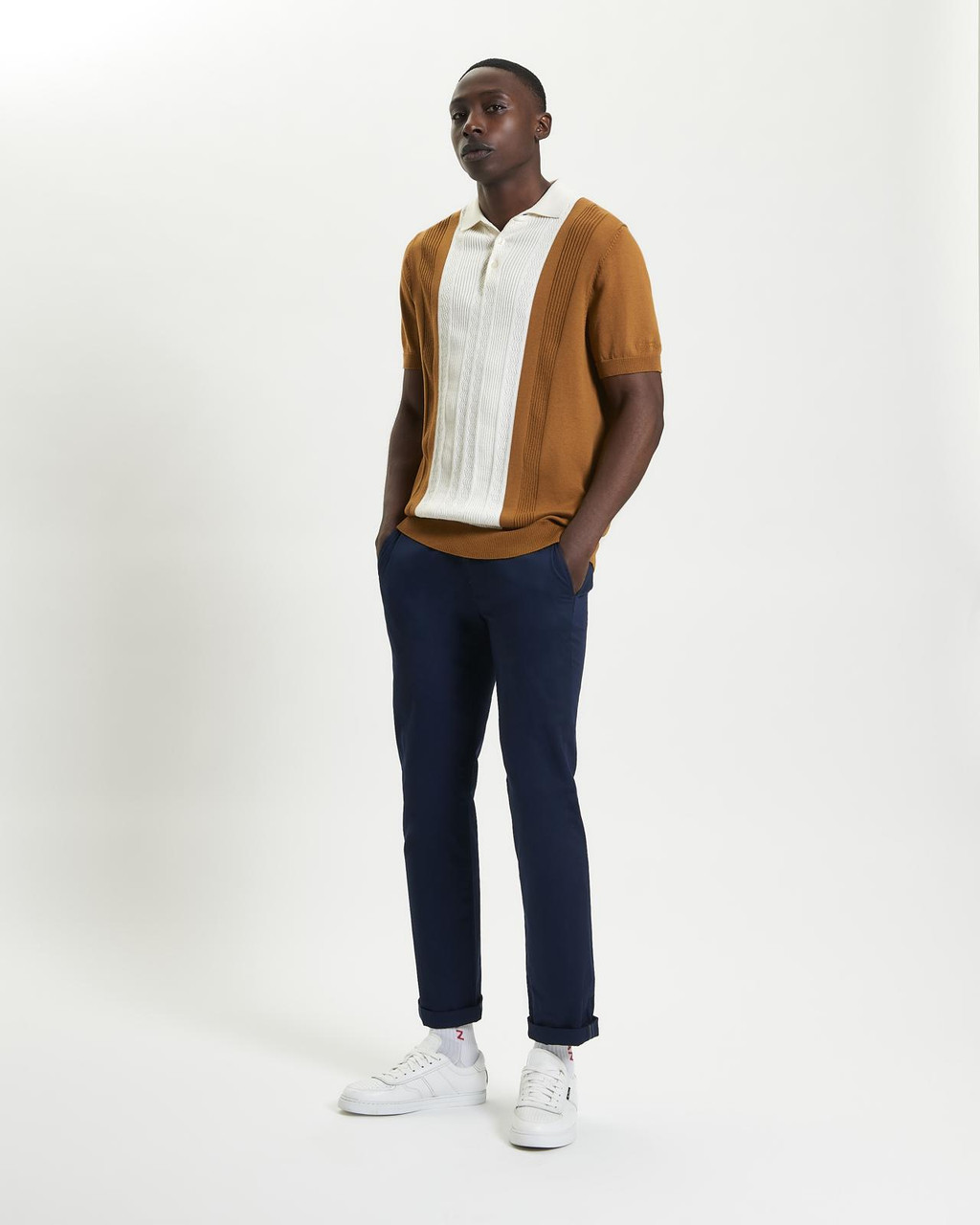 Textured Block Stripe Knitted Polo in Caramel
