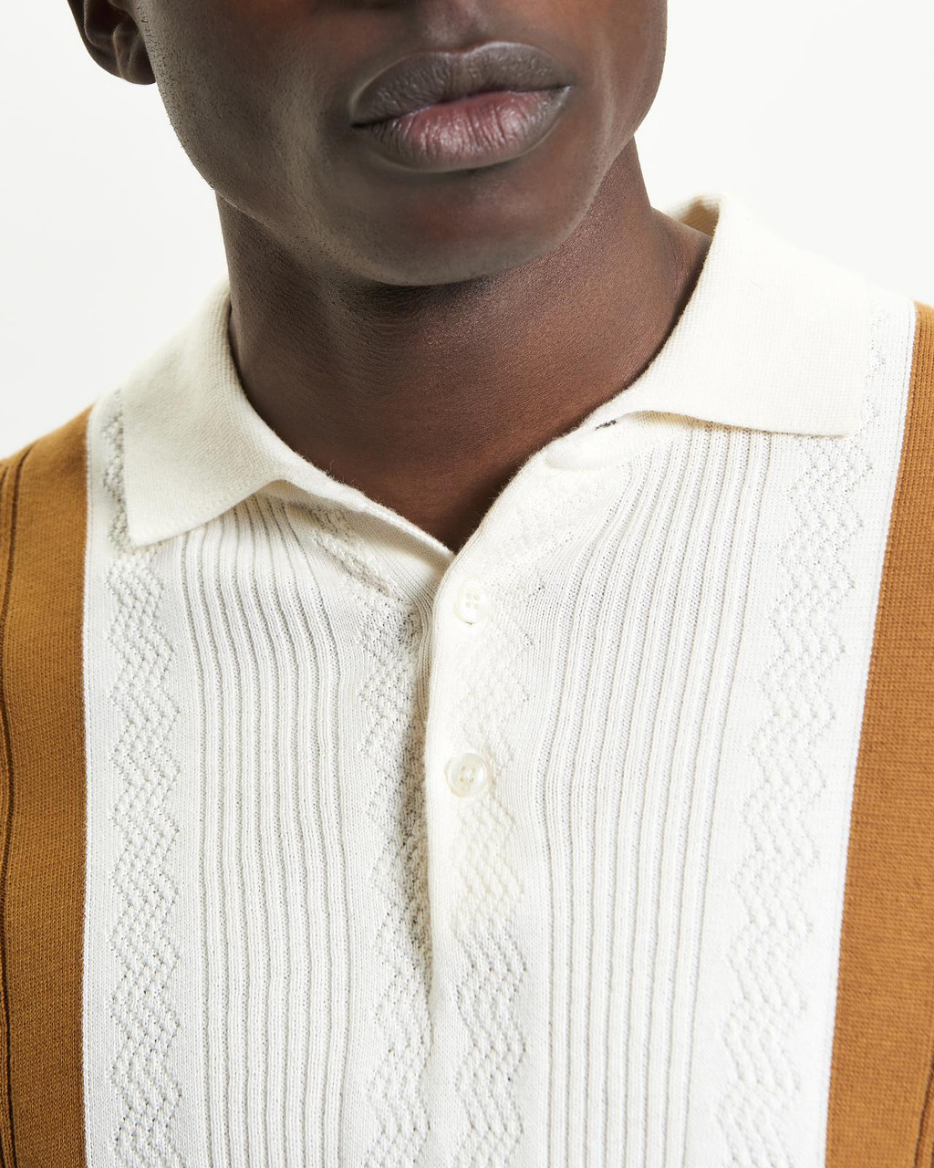 Textured Block Stripe Knitted Polo in Caramel