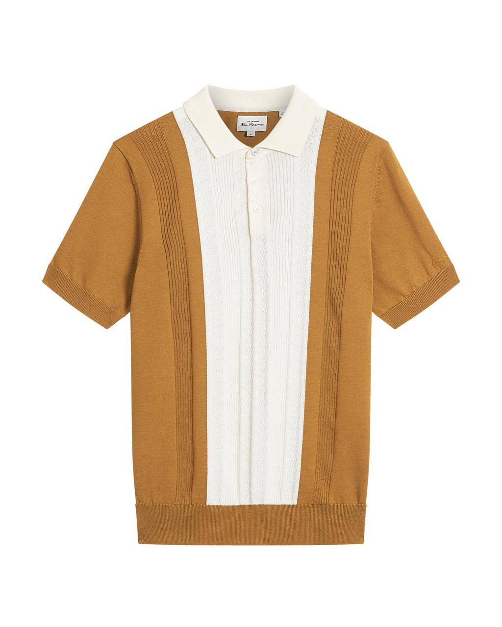 Textured Block Stripe Knitted Polo in Caramel