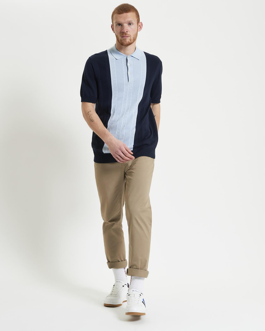 Textured Block Stripe Knitted Polo in Dark Navy