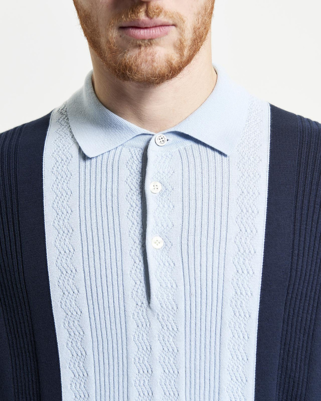 Textured Block Stripe Knitted Polo in Dark Navy