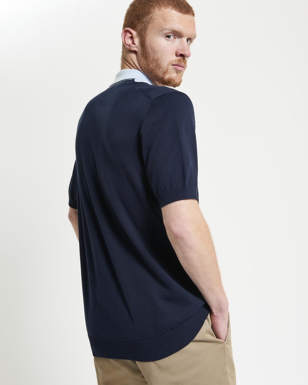Textured Block Stripe Knitted Polo in Dark Navy