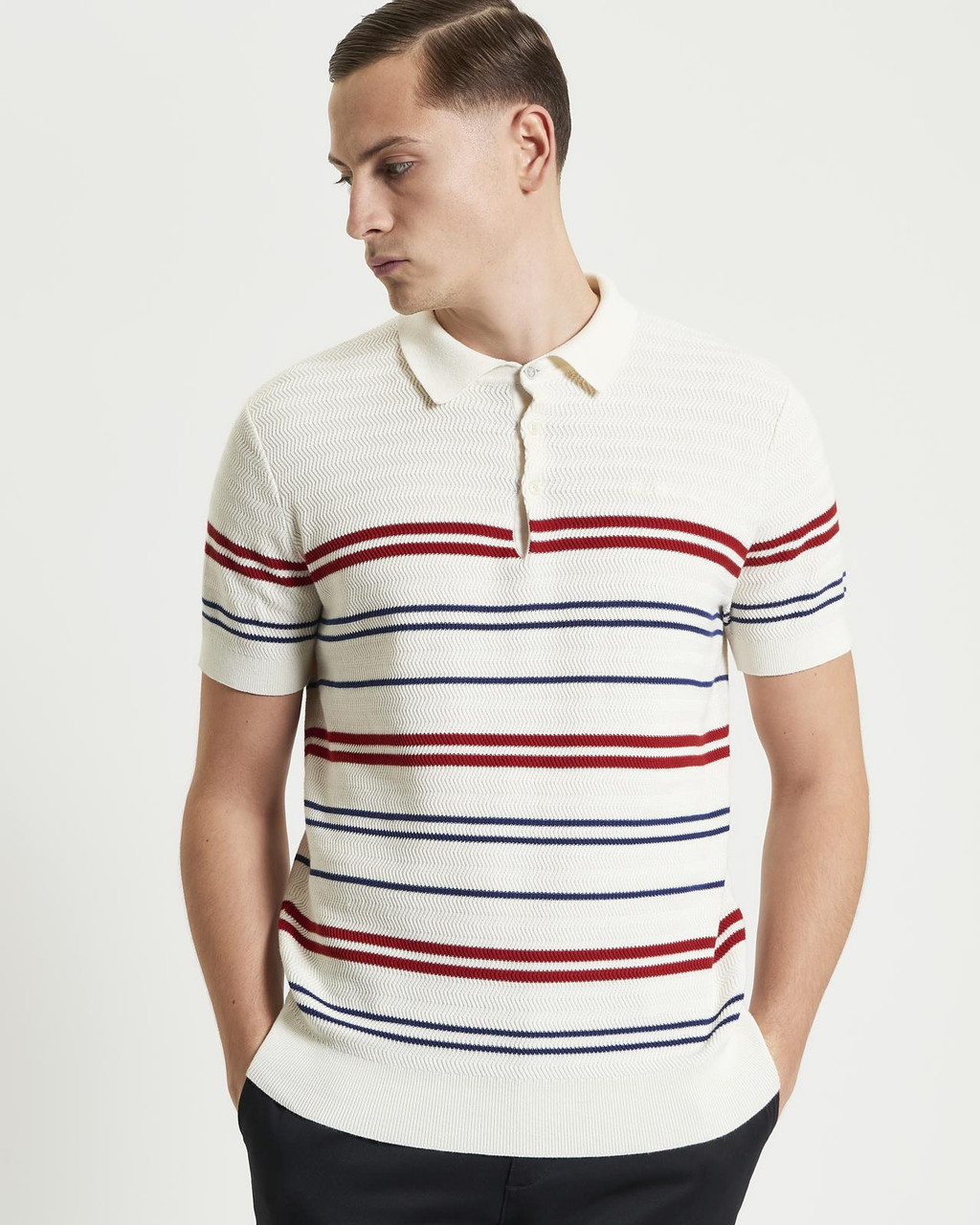 Herringbone Stripe Knitted Polo in Ivory