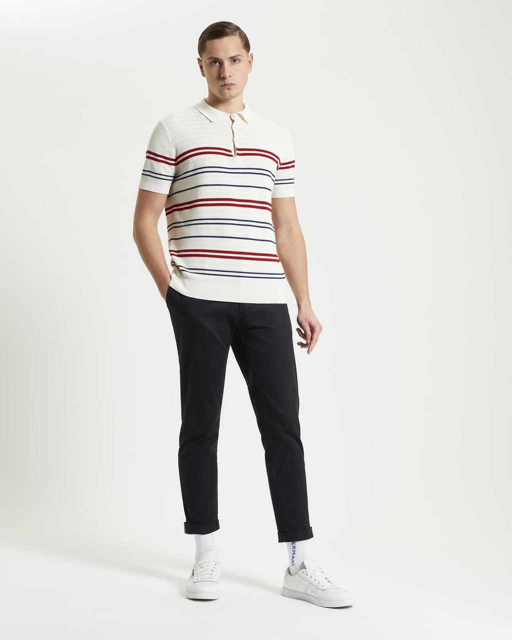 Herringbone Stripe Knitted Polo in Ivory