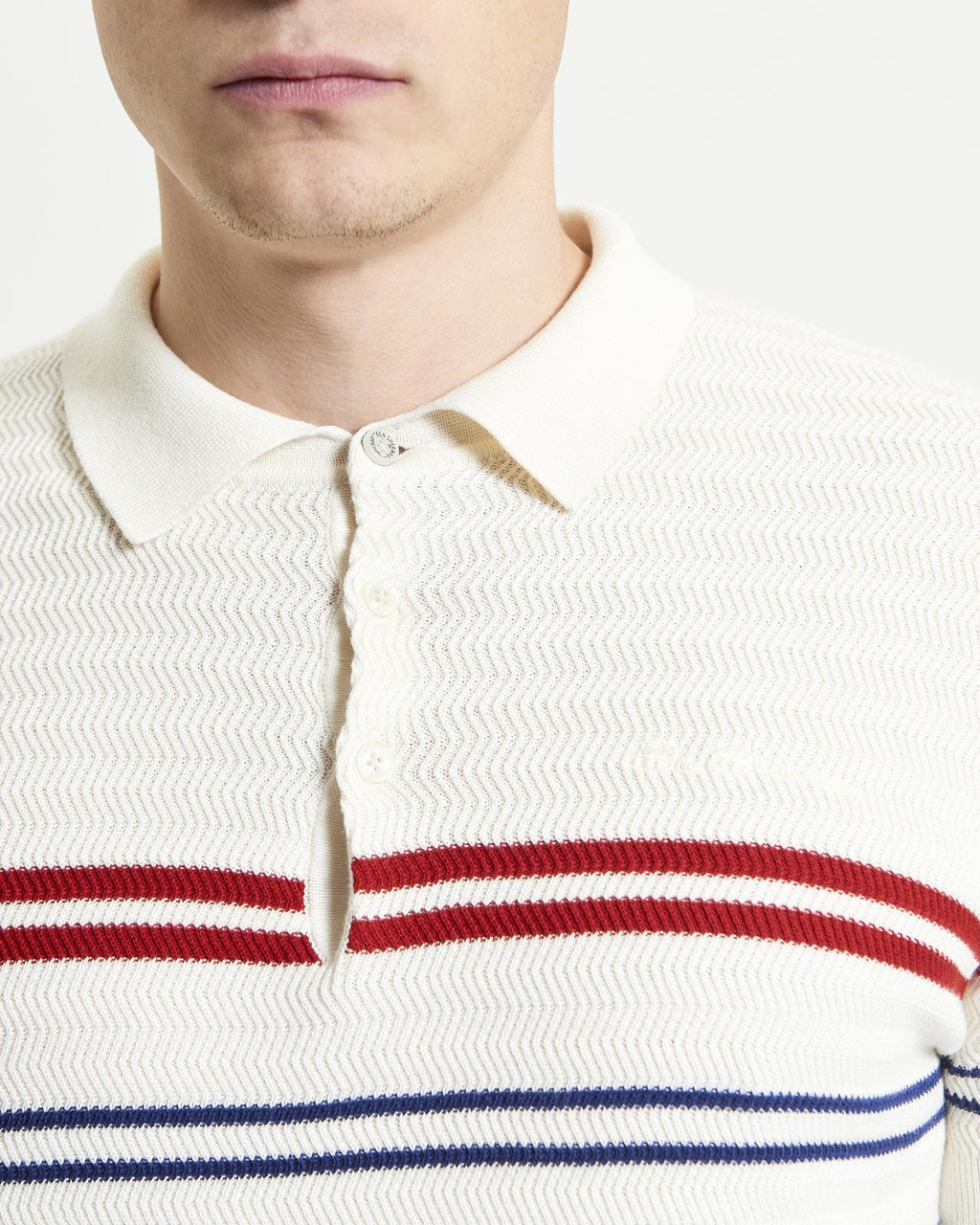 Herringbone Stripe Knitted Polo in Ivory
