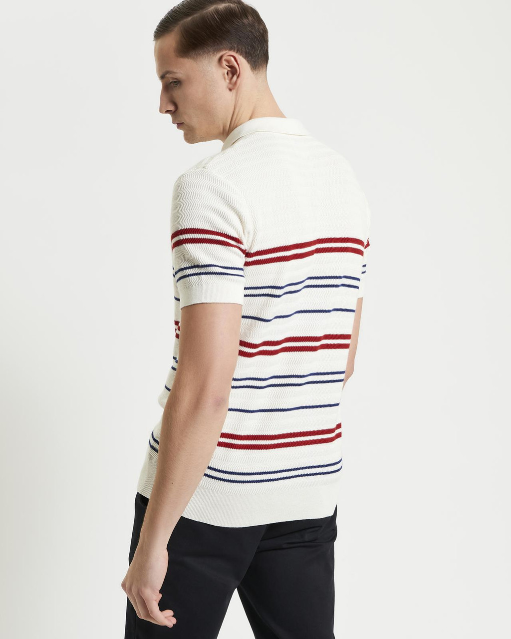 Herringbone Stripe Knitted Polo in Ivory