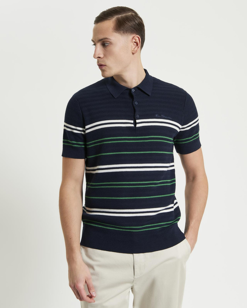 Herringbone Stripe Knitted Polo in Dark Navy